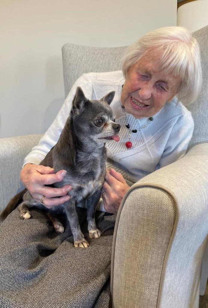 one of the residents mary sat with a dog on her lap smiling