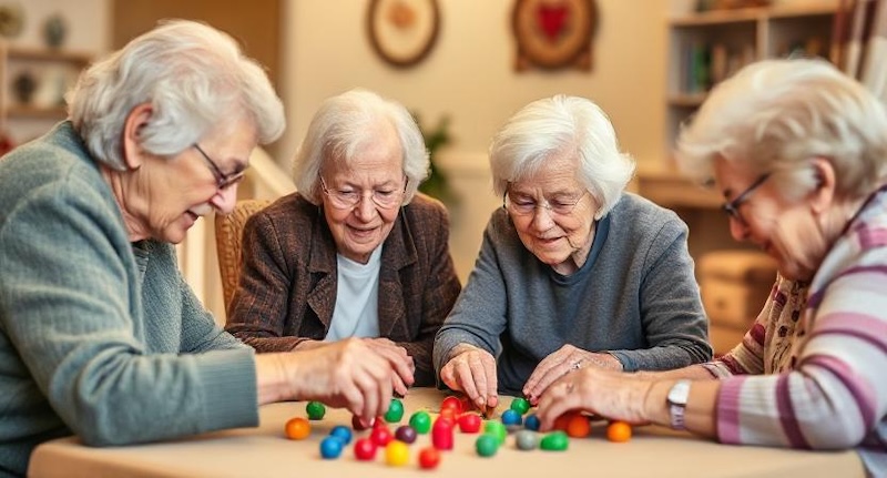 older adults doing a sensory activity around the table together